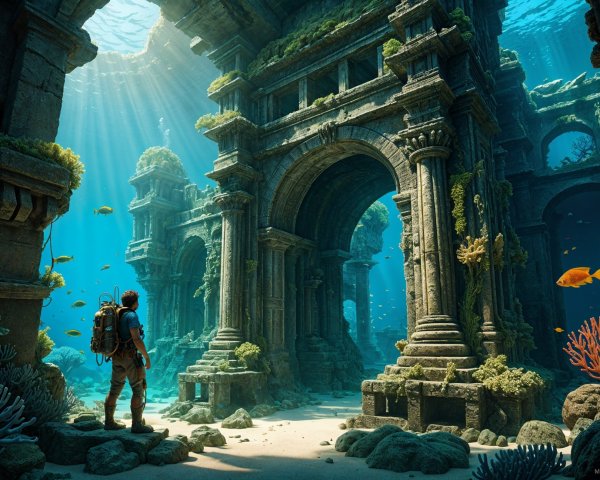 Ancient Underwater Ruins Surrounded by Coral and Fish