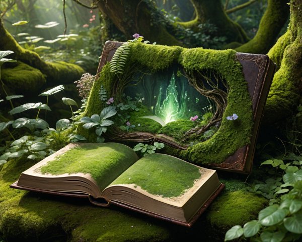 Ancient Book on Moss with Glowing Portal and Nature