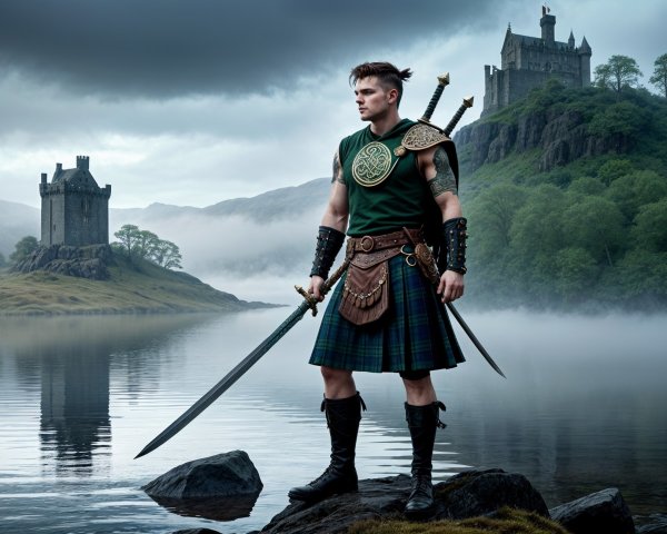 Warrior in Green Tunic on Rocky Shore with Castle