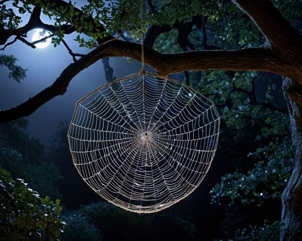 Intricate Spiderweb Illuminated by Moonlight in Forest