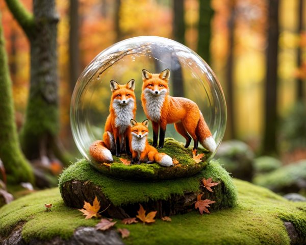 Fox Family in Glass Dome Surrounded by Autumn Foliage
