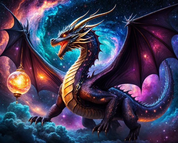Majestic dragon on cloud with cosmic backdrop
