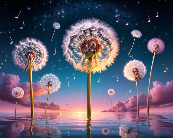 Whimsical Landscape with Giant Dandelions at Sunset
