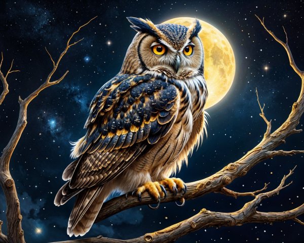 Majestic owl on a branch under a starry night sky