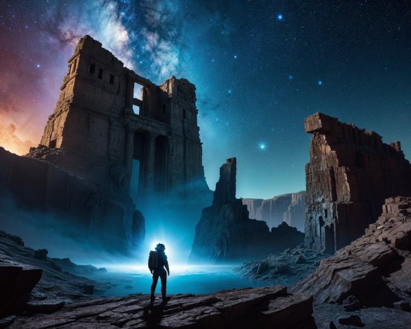 Astronaut in Ancient Ruins by a Shimmering Lake