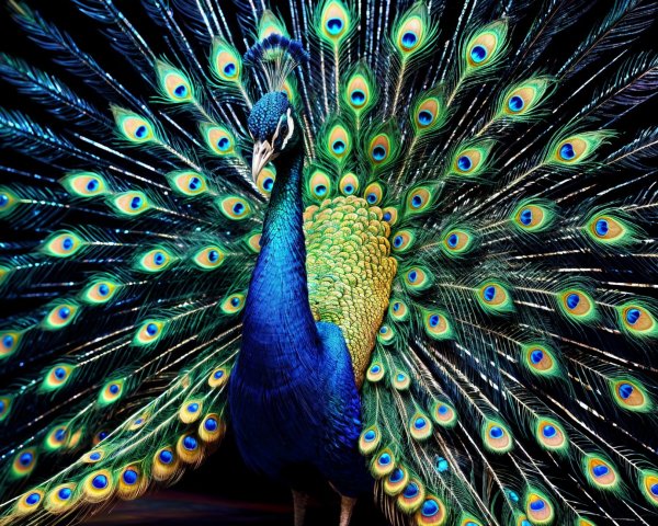 Peacock Displays Vibrant Iridescent Plumage and Tail