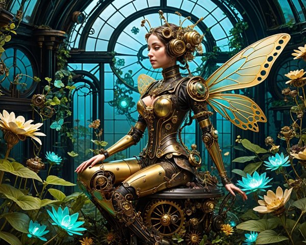 Steampunk Figure Among Vibrant Flora and Architecture