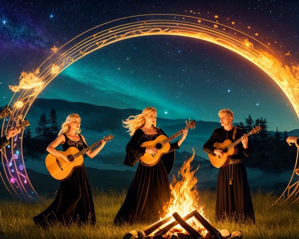 Musicians in Black Robes by a Glowing Campfire