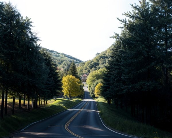 Winding Road Surrounded by Lush Pine Trees and House