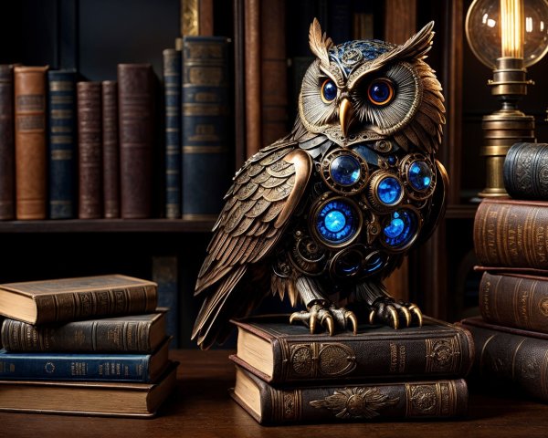 Bronze Owl Sculpture on Vintage Books in Cozy Library