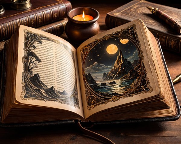 Ornate Book on Table with Candle and Seascape Illustration