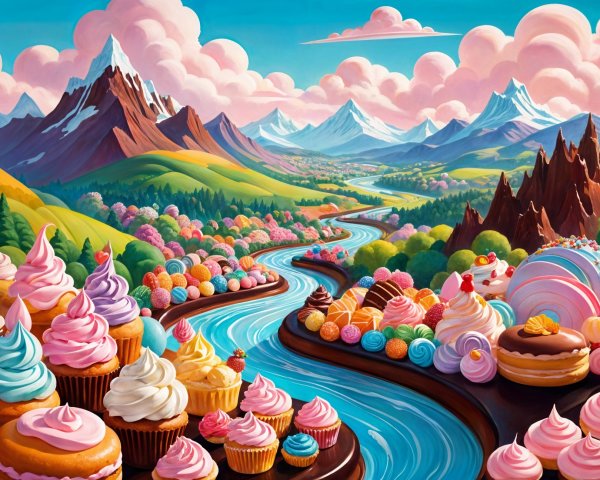 Whimsical landscape with vibrant mountains and desserts