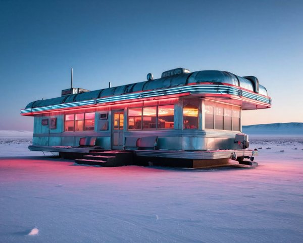Chrome Diner with Neon Lights in Snowy Dawn Setting