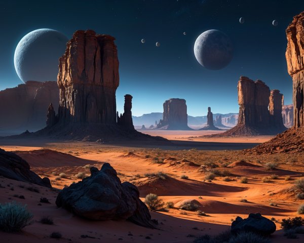 Surreal Desert Landscape with Celestial Bodies