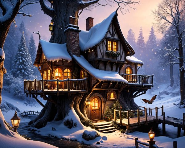 Snow-Covered Treehouse in a Winter Landscape