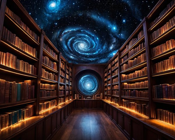 Library with Wooden Shelves and Cosmic Mural