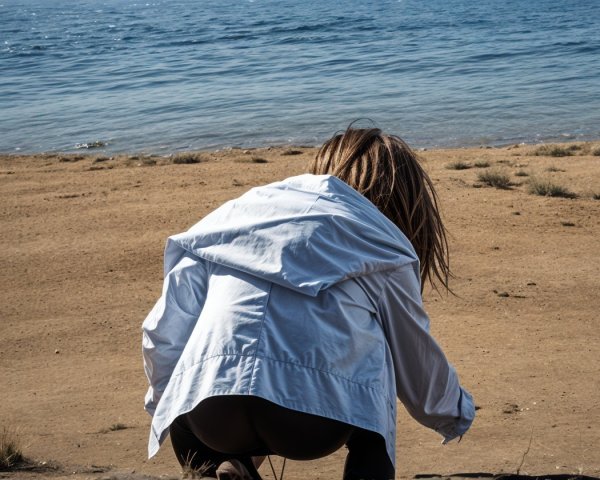 Person with long hair at a tranquil shoreline scene