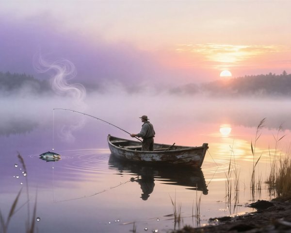 Old Fisherman in Rustic Boat on Misty Sunrise Lake