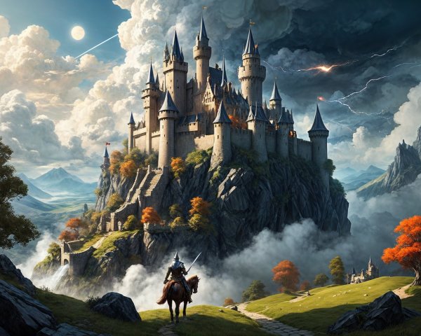 Majestic Castle on Mountain with Dramatic Clouds