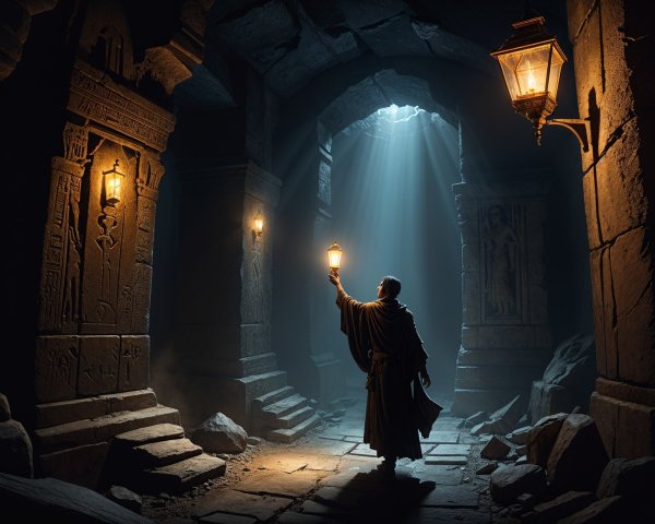 Cloaked Figure in Ancient Cavern with Hieroglyphs