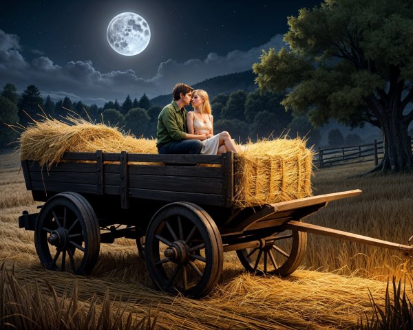Couple Kissing on Hay Wagon Under Full Moonlight