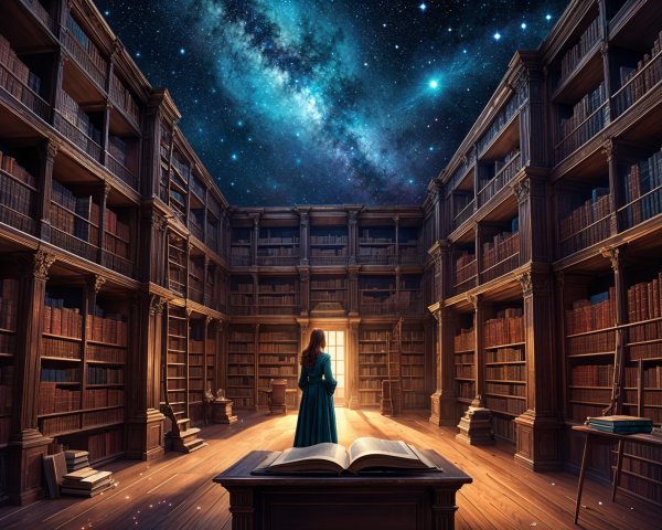 Dimly Lit Library with Cosmic Doorway View