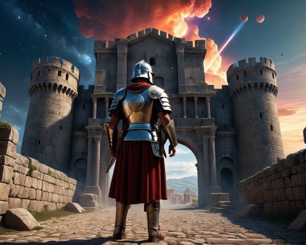 Armored Warrior at Ancient Castle Under Cosmic Sky