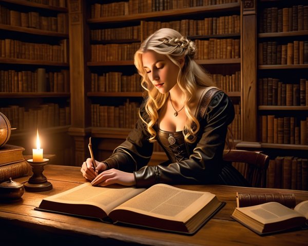 Young Woman Writing in Dimly Lit Library Setting
