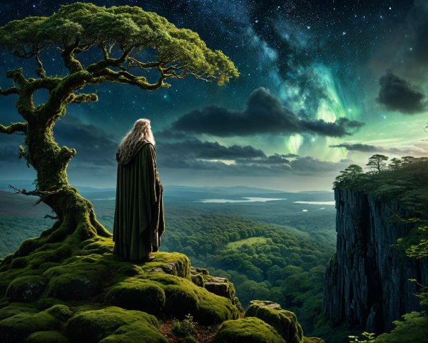 Wise Figure on Mossy Cliff Overlooking Landscape