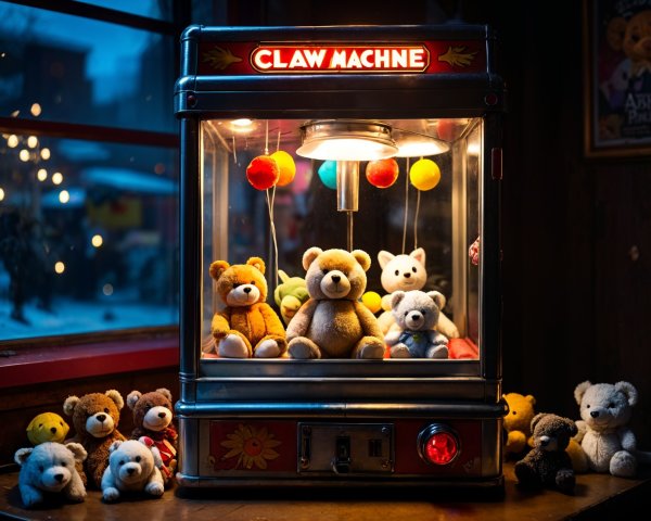Colorful Claw Machine with Plush Teddy Bears Display