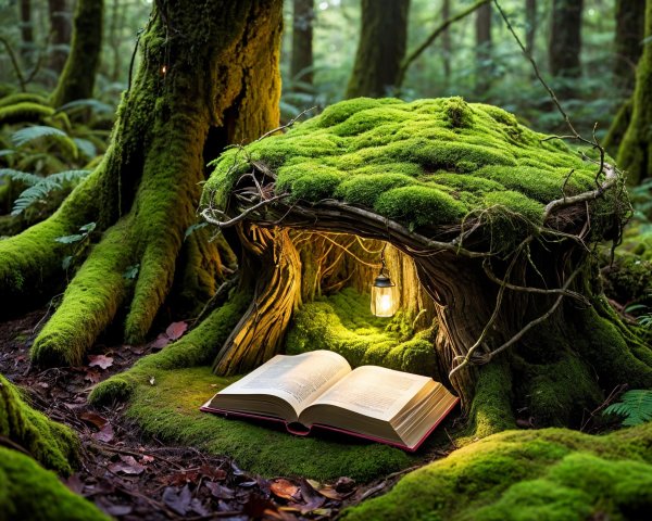 Whimsical Tree Hollow with Illuminated Book in Forest