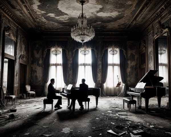 Musicians Performing in a Decaying Grand Room