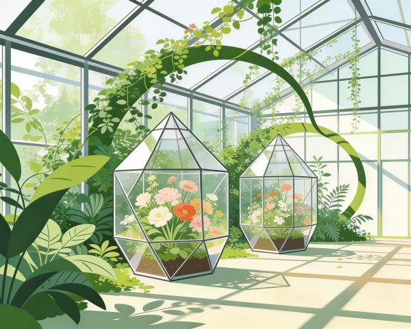 Bright Greenhouse with Glass Ceiling and Lush Foliage