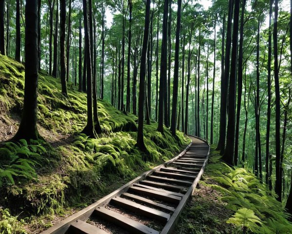 Wooden Steps on Mossy Hill in Dense Forest