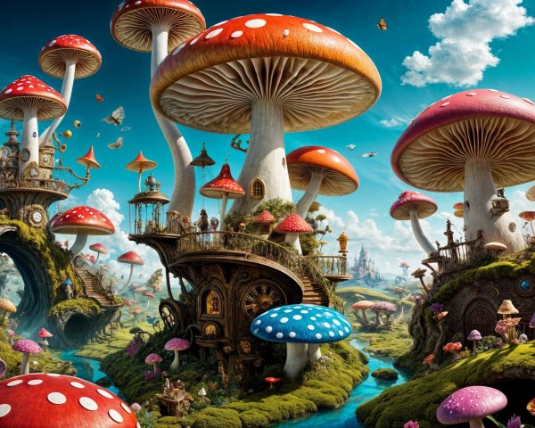 Whimsical Landscape with Oversized Colorful Mushrooms