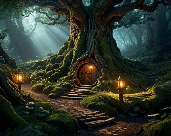 Ancient Tree in a Mystical Forest with Lanterns