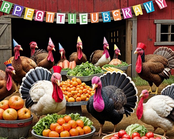 Turkeys in Party Hats Amidst Harvest and Barn Scene