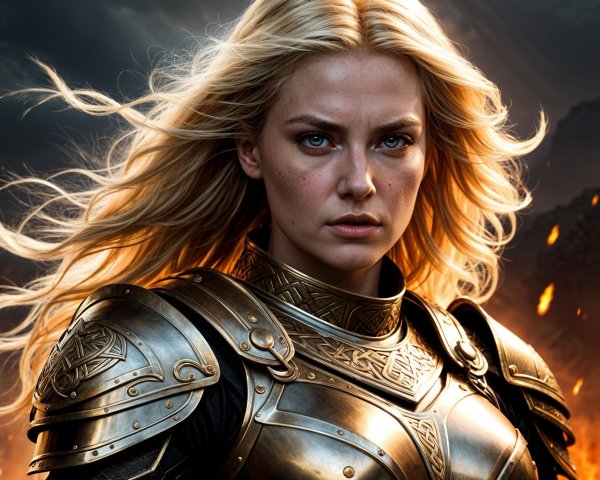 Blonde Warrior in Golden Armor Against Dramatic Landscape