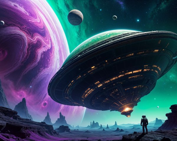 Futuristic Landscape with Illuminated Spaceship and Astronaut