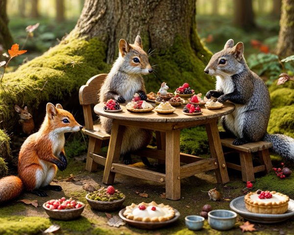 Squirrels Enjoy Pastries in Woodland Setting