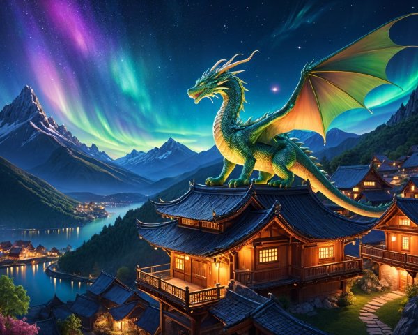 Majestic Green Dragon Overlooks Serene Village Scene