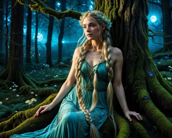 Serene Woman in Ethereal Gown in Mystical Forest