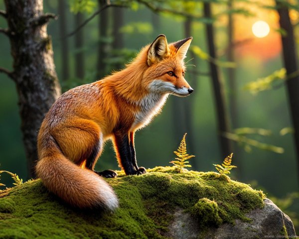 Red fox on mossy rock in vibrant forest setting