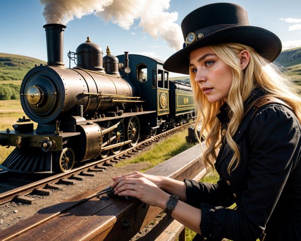 Vintage Woman by Classic Steam Train in Scenic Setting