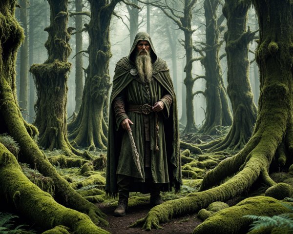 Mysterious Figure in Enchanted Forest Setting