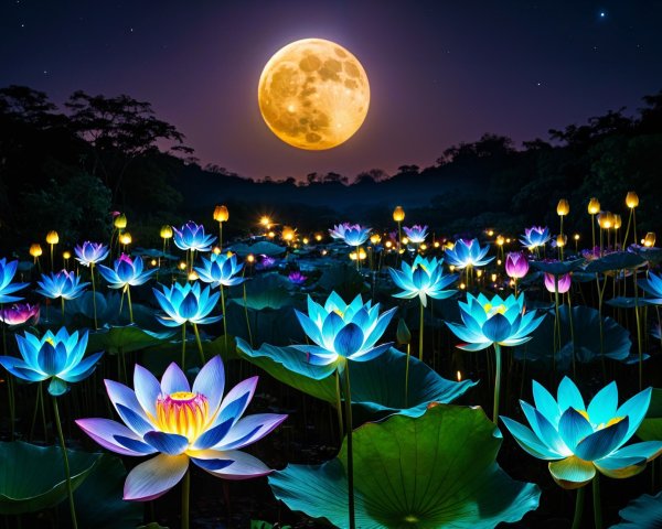 Serene Lotus Pond Under a Glowing Full Moon