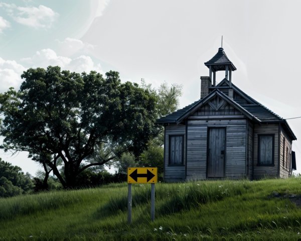 Weathered Wooden House on a Hill with Directional Sign