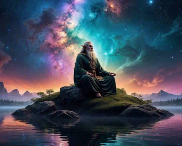Elderly Figure Meditating on an Island Lake Scene