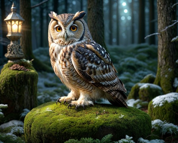 Majestic owl perched in misty forest setting