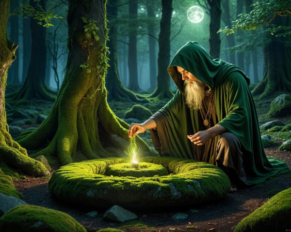 Elderly Figure in Mystical Forest with Glowing Light
